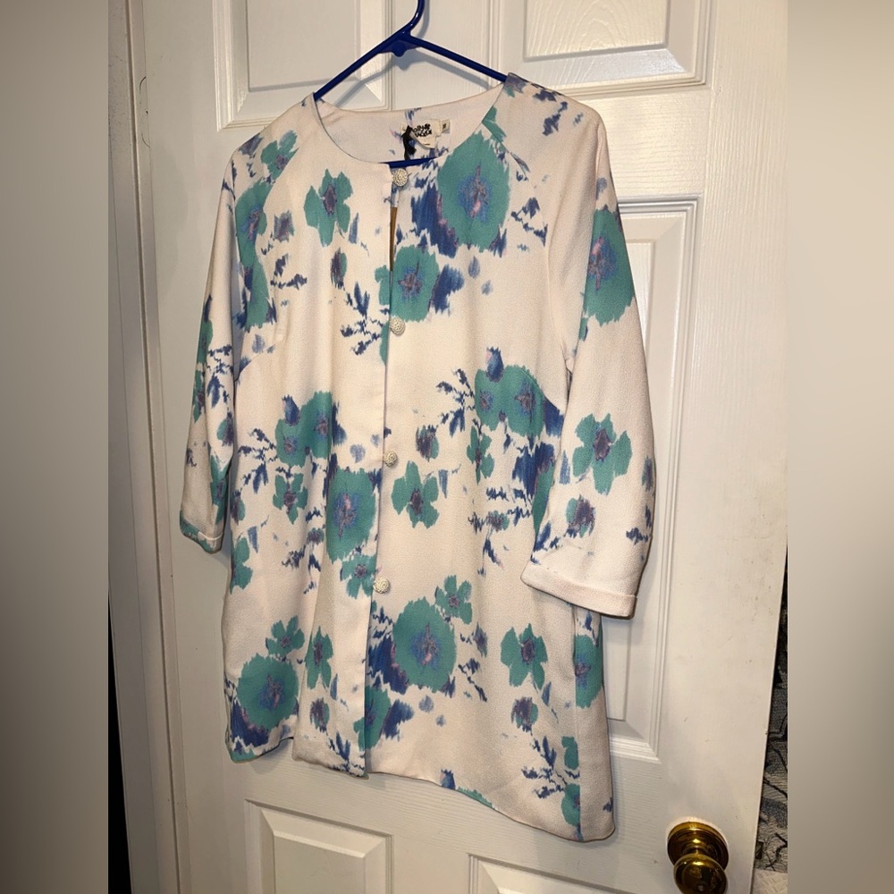 NWT Holly Bracken Women XS Green Blue Printed 3/4 Raglan Cuffed Sleeve Button